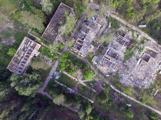 The destruction of the remnants of communism (drone image).Totally marauded and vandalised by ukrainian patriots after Revolution Dignity in 2014 kids summer camp. Kiev region. Ukraine