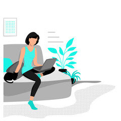 Girl sitting at home on the couch with a laptop.