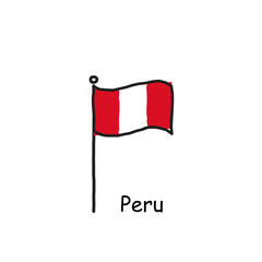 hand drawn sketchy Peru flag on the flag pole. three color flag . Stock Vector illustration isolated on white background.