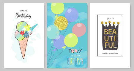 Happy birthday greeting cards and party invitation templates, hand drawn style.Vector illustration.