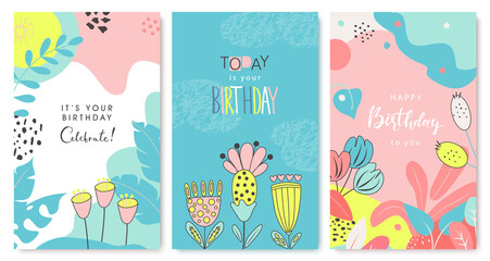 Happy birthday greeting cards and party invitation templates, hand drawn style.Vector illustration.