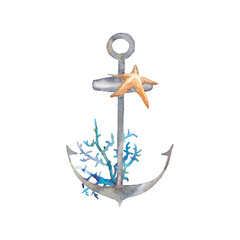Watercolor anchor with coral and starfish. Hand drawn sea label isolated on white background. Nautical illustration
