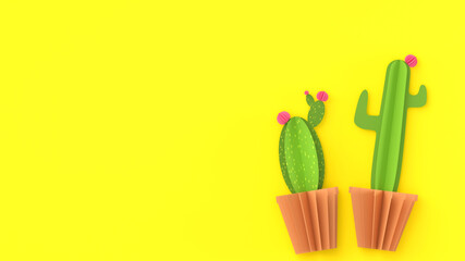 Paper cut cactus succulent on bright yellow background, cute summer composition with space for text. Colorful cactus set, cute pink flowers, cartoon funny plants in pot. Cardboard collection, top view
