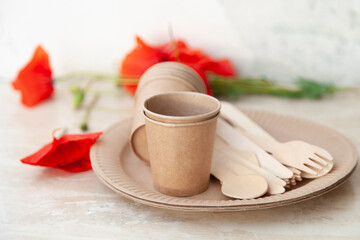 disposable eco dishes made of paper, cardboard, spoon, fork, knife, on a wooden table with red flowers,