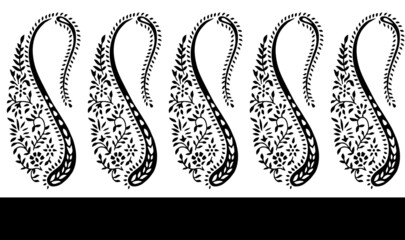 Seamless paisley border pattern with white background.Black and white paisley border .