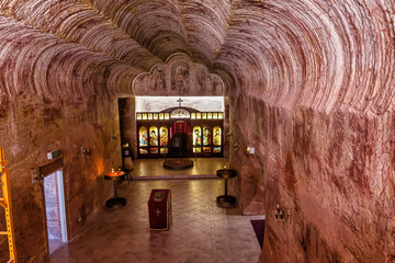 The interior of the underground Serbian Orthodox church in Coober Pedy, Australia