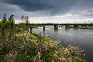 Longest wooden bridge over the Pilica river in Gostomia, Poland - 354287888