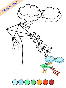  coloring book kite in the sky clouds for kids page color swatch illustration outline vector sketch doodle