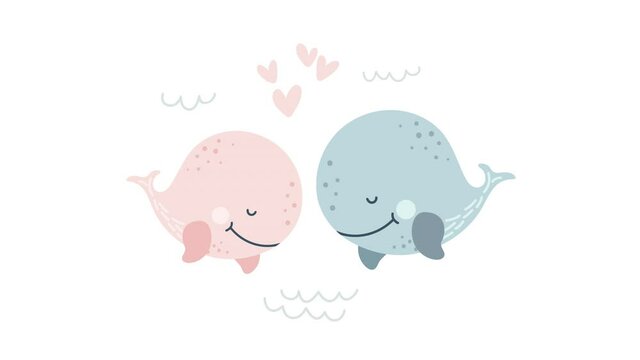 Two young cute whale. Animation illustration with whales and hearts about love. Two whales in love. Greeting card, video poster or wedding invitation