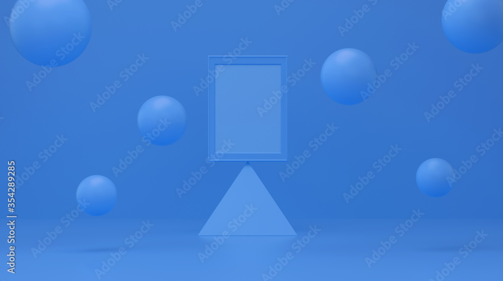 Poster frame podium on a pyramid with bubble floating in studio blue. minimal geometric studio abstract. co