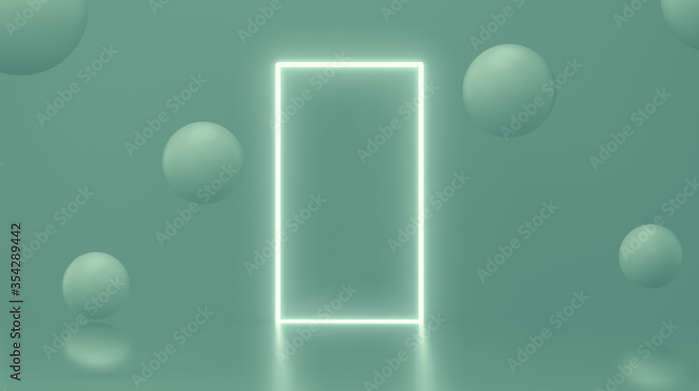Poster light frame in photo studio green and floating particles. empty space for text or product. cosmetic,