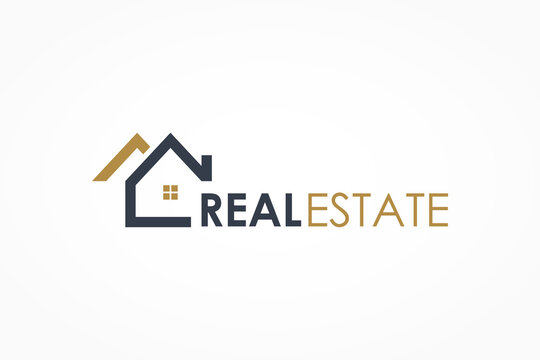 Real Estate Logo. Gold and Blue House Symbol Geometric Linear Style isolated on White Background. Usable for Construction Architecture Building Logo Design Template Element.