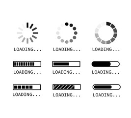 Loading icon set on black background, vector illustration.