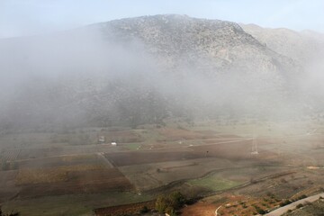 Foggy landscape in Peloponnese, Greece.