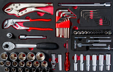 Professional work tools set with various equipments for technicians in a stylish box.
