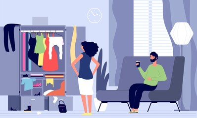 Man waiting woman. Family going to go for walk, evening date. Girl has nothing to wear. Female stands in front of closet, husband sit on sofa and drink coffee in living room vector illustration