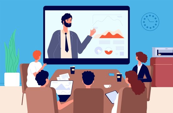 Online conference. Business meeting, communication with superiors or team leader via video. Isolation period, modern work vector illustration. Business work training, man boss professional conference