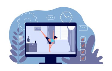 Yoga online. Video training, home sports. Girl on screen does exercises and stretching. Isolation weekend activities vector illustration. Online home stretching, video training activity