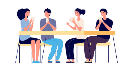 Board game evening. Friends meeting, happy players characters. Isolated teenagers or adults playing cards. Flat men women sitting table vector illustration. Board game, team people friends play
