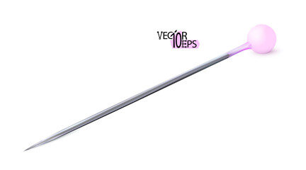 3d chrome realistic sewing pink pin isolated on a white background. Fashion embroidery tool, accessories for needlework and art craft. Vector illustration.
