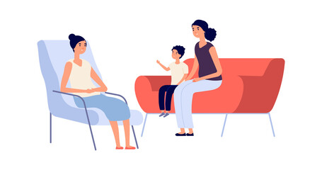Family psychologist. Mother son psychotherapy session. Flat children psychotherapist consulting woman boy. Behavior or mental problems treatment vector illustration. Therapy mother problem with son