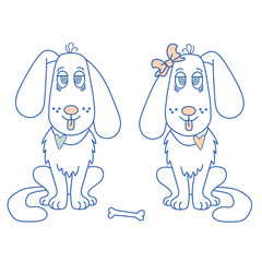 He and she. Funny white dog- with his tongue sticking out and a heart on his neck and a bow on his ear, the bone is lying. Contour illustration