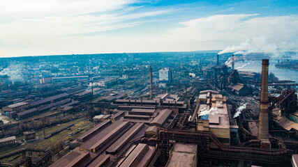 metallurgical production plant full cycle smoke from pipes bad ecology aerial photography