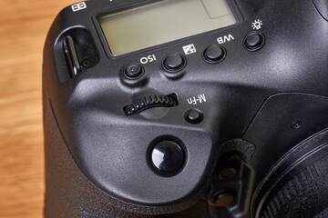 DSLR camera detail, shutter release button and grip