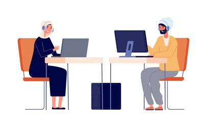 Fototapeta na wymiar Call center operators. Woman man customer service, office managers. Employee at desk with headphone, young female worker vector illustration. Support operator, service phone contact