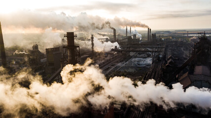 industry metallurgical plant dawn smoke smog emissions bad ecology aerial photography