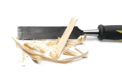 Wood shavings with chisel, plane tool isolated on white background
