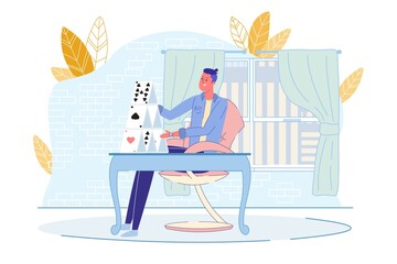 Young Man Building House from Playing Card at Home