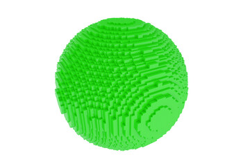 green sphere isolated on white background, made of plastic construction bricks. 3D rendering of a red ball on white for copy space.