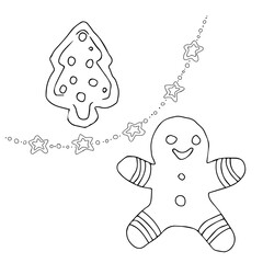Vector illustration with the image of a gingerbread cookies and garland. Hand drawn xmas illustrations. Modern design elements for holiday greeting card, gift tag, label, sticker, banner, card