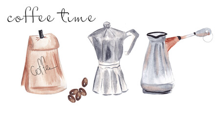 Watercolor illustration of coffee maker, cezve, 
coffee beans isolated on white background. French breakfast. Geyser coffee maker. Moka. Turkish coffee. 