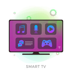 Smart TV modern flat vector icon concept. 4K LED TV with color app buttons on display - music, voice control, cinema, social network and games icons isolated on white background