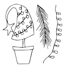 Vector illustration with the image of a decorative tree, garland. Hand drawn xmas illustrations. Modern design elements for holiday greeting card, gift tag, label, sticker, banner, card