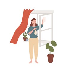 Smiling housewife cleaning window at home vector flat illustration. Cute female enjoying housework isolated on white background. Woman holding rag and cleanup spray washing glass