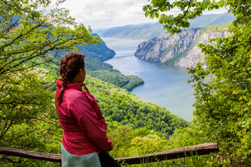 Danube river Woman hiker enjoy nature