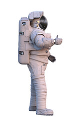 astronaut showing thumbs up, standing spaceman isolated on white background
