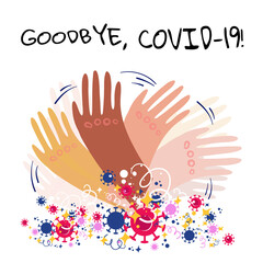 Stock vector illustration of hands with different skin colors waving goodbye to the passing coronavirus pandemic. Joy and happiness from the end of Covid-19 epidemic, quarantine and lockdown.