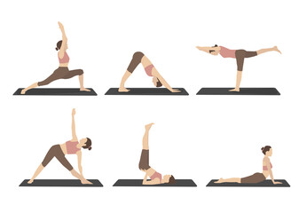 Set of woman performing yoga poses in brown sport clothes. Cartoon