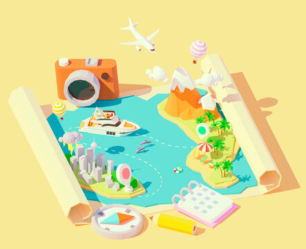 Vector isometric summer travel and vacation illustration. Summer travel map. Escape from city to tropical paradise. Airplane, yacht, balloons. Summer vacation planning with compass, calendar, camera