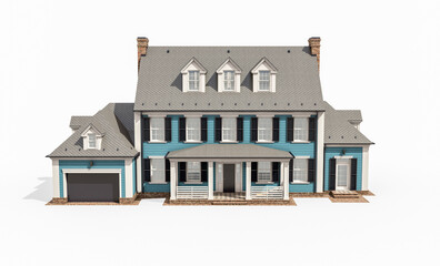 3d rendering of modern cozy classic house in colonial style with garage and pool for sale or rent. Isolated on white.