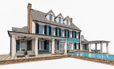 3d rendering of modern cozy classic house in colonial style with garage and pool for sale or rent. Isolated on white.