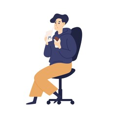 Colorful guy drink milk with straw and eat chocolate sitting on armchair vector flat illustration. Hungry man enjoying soft beverage and snack isolated on white. Male having mealtime or break