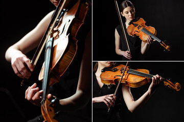 collage with female musician playing symphony on violin isolated on black
