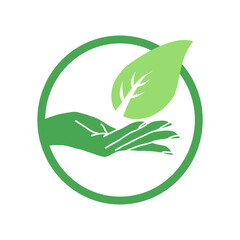 Elegant hand with green plant and leaf. Agricultural organic and natural products sign. healthy lifestyle concept. Sprout or new life logotype.  