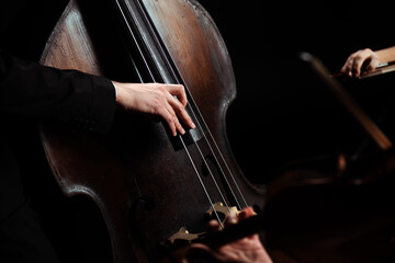 cropped view of professional musicians playing on violin and contrabass on dark stage
