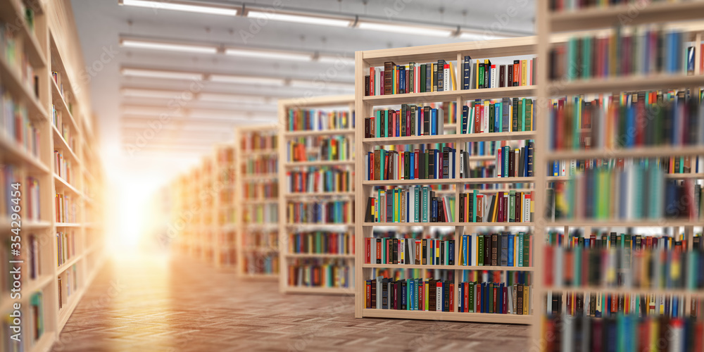 Aufkleber library. bookshelves with books and textbooks. learning and education concept.
